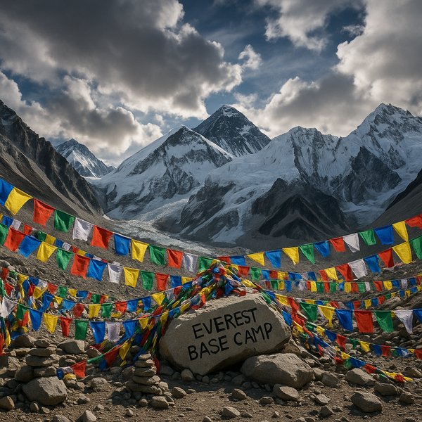 Everest Base Camp — Prayer Flags Against a Dramatic Sky