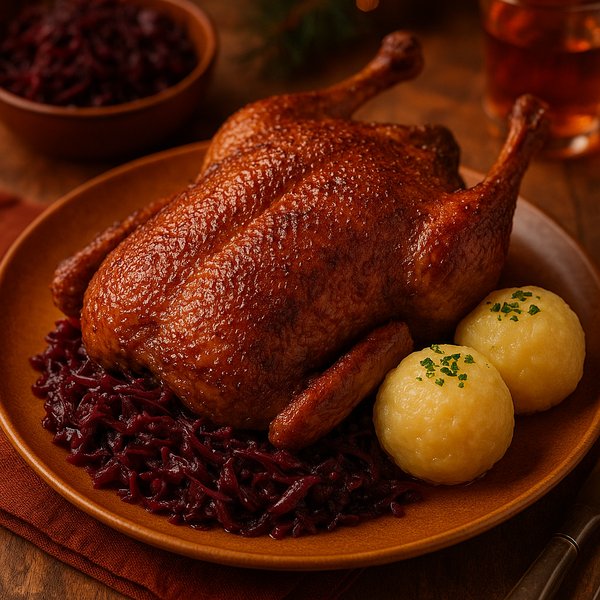 Festive Roast Duck with Red Cabbage & Potato Dumplings
