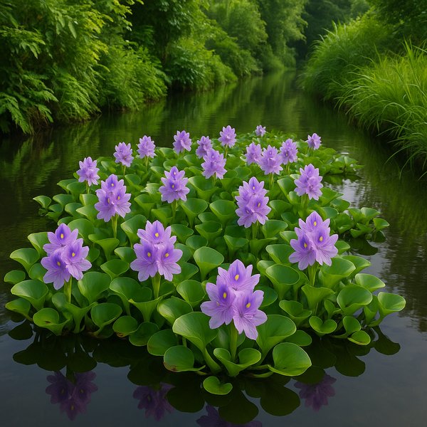 Floating Carpet of Purple Water Hyacinths on a Tranquil Canal