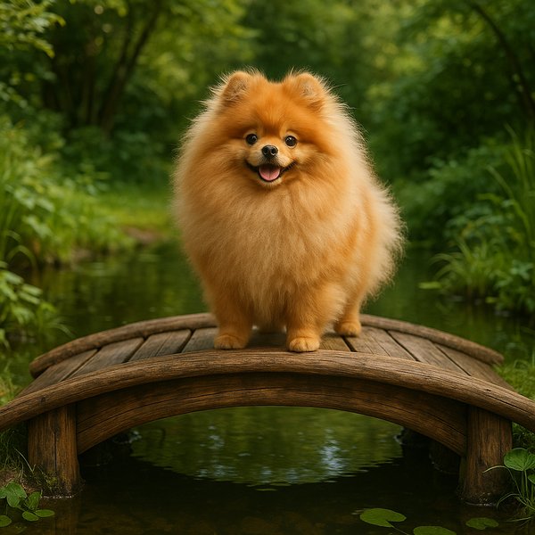 Fluffy Pomeranian on a Quiet Garden Bridge