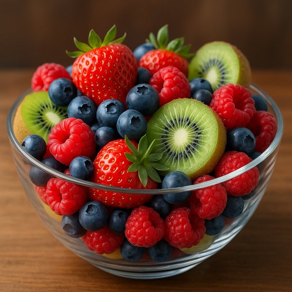 Fresh Mixed Berries & Kiwi in Glass Bowl