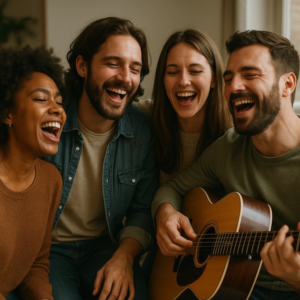 Friends Singing Around an Acoustic Guitar