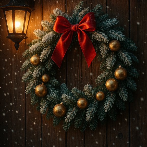 Frosted Pine Wreath with Red Bow on Rustic Door