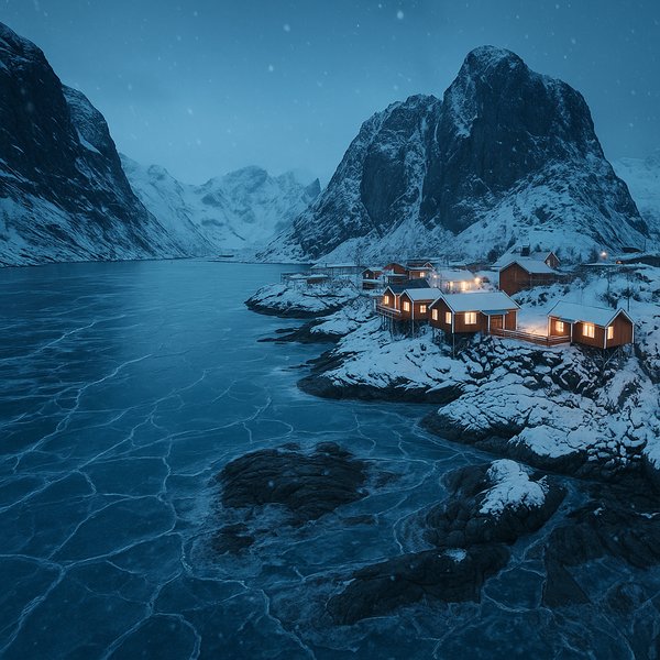Frozen Fjord Settlement at Twilight