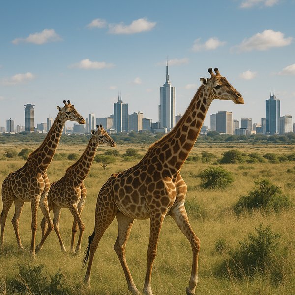 Giraffes Strolling Against Nairobi Skyline
