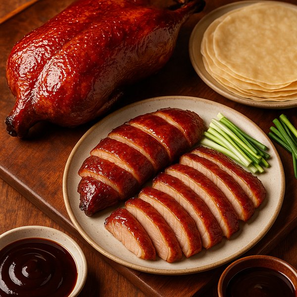 Glazed Peking Duck with Crispy Skin and Pancakes