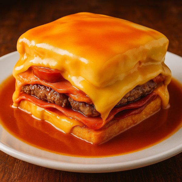 Glossy Francesinha with Melted Cheese and Beer Sauce