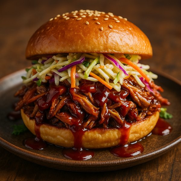 Glossy Pulled Pork Sandwich with Coleslaw