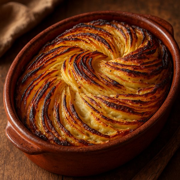Golden Babka Potato Bake in Rustic Clay Dish