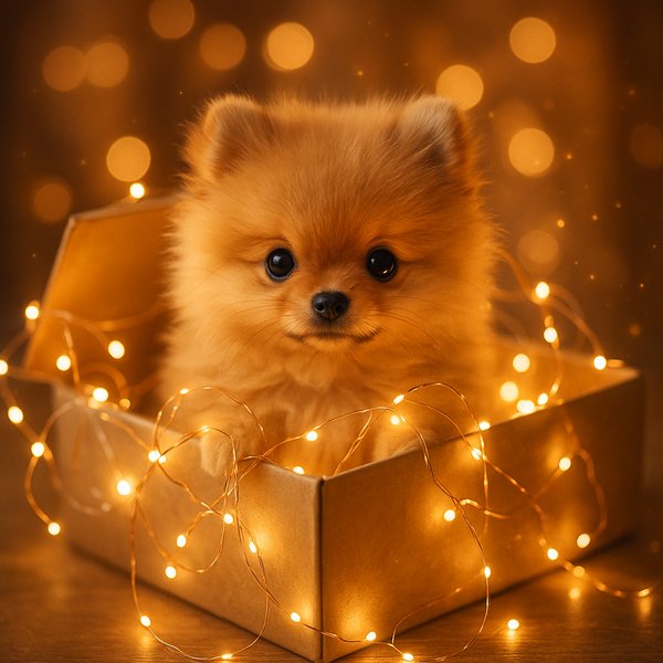 Golden Glow: Pomeranian Pup in a Box of Fairy Lights