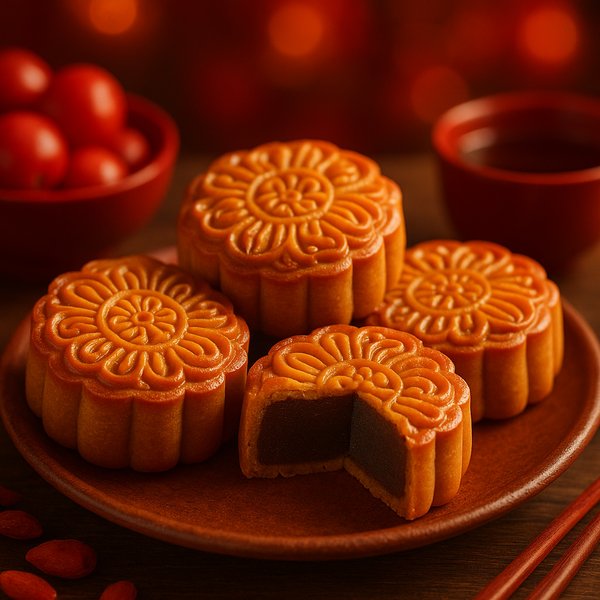 Golden Mooncakes on Festive Plate
