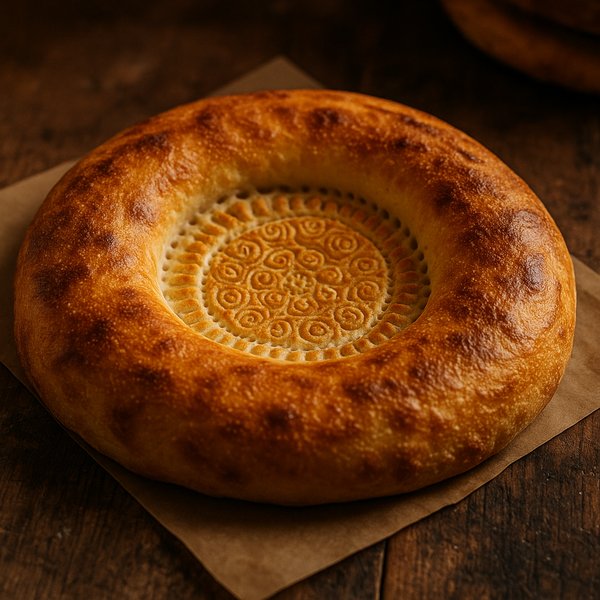 Golden Patterned Flatbread on Rustic Wooden Surface