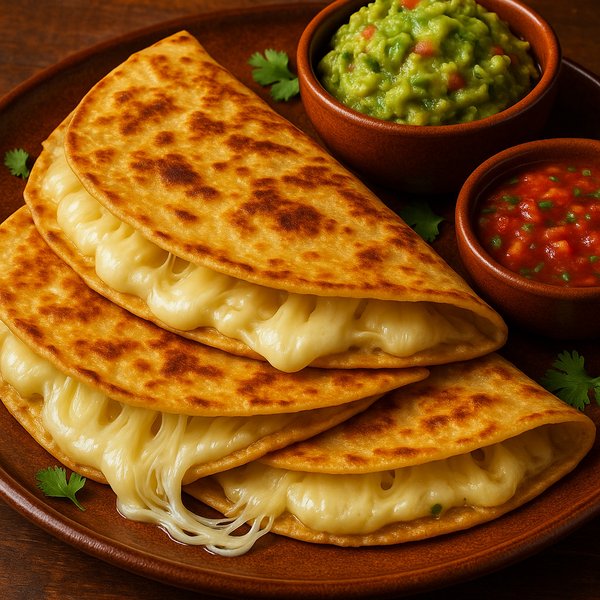 Golden Quesadillas with Melted Oaxaca Cheese, Guacamole & Salsa