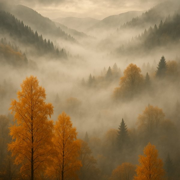 Golden Veil: Autumn Fog in the Mountain Valley