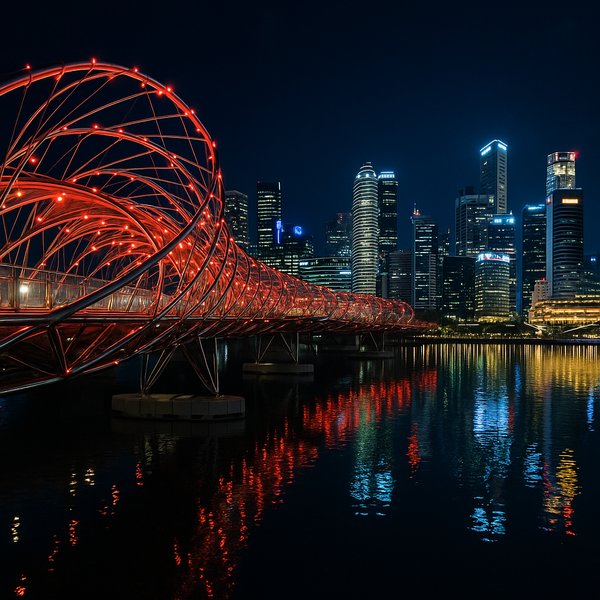 Helix Bridge at Night — Singapore Skyline Reflections