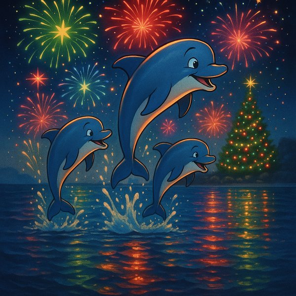 Holiday Leap: Dolphins Under Fireworks