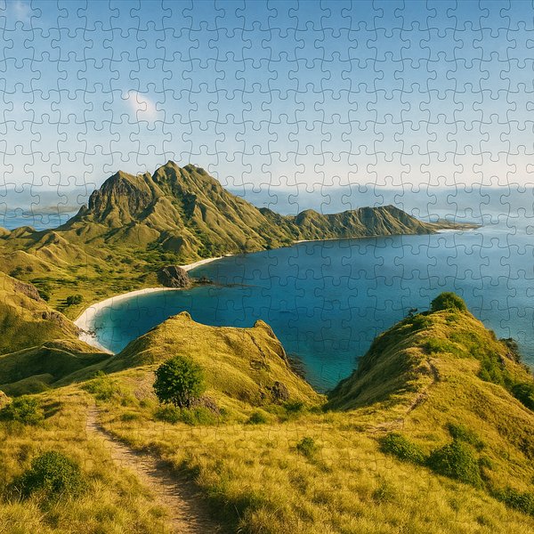 Komodo Coastline Puzzle — Bay & Hills at Golden Light