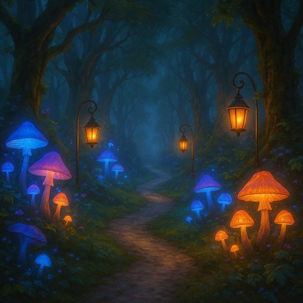 Lanternlit Path Through the Glowing Mushroom Grove