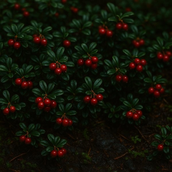 Lingonberry Carpet — Red Berries in Dark Forest Moss