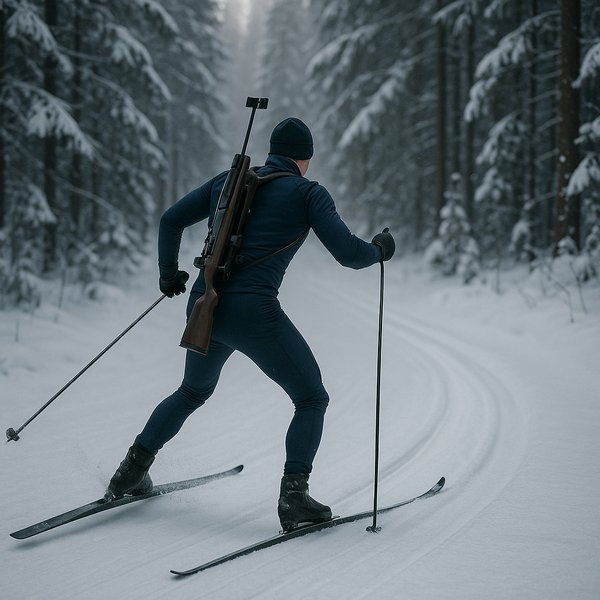 Lone Biathlete on a Snow-Covered Forest Trail
