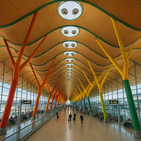 Madrid-Barajas T4: Colorful Columns & Wavy Wooden Ceiling