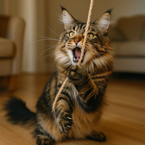 Maine Coon Mid-Pounce with Rope Toy