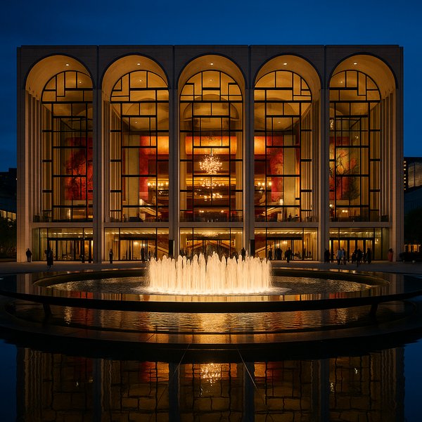 Metropolitan Opera House at Dusk — Grand Glass Façade and Fountain