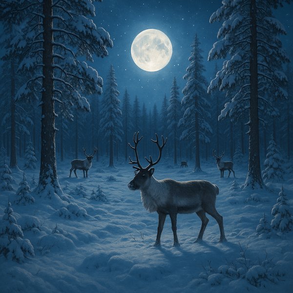 Moonlit Lapland: Reindeer in a Snowbound Pine Forest