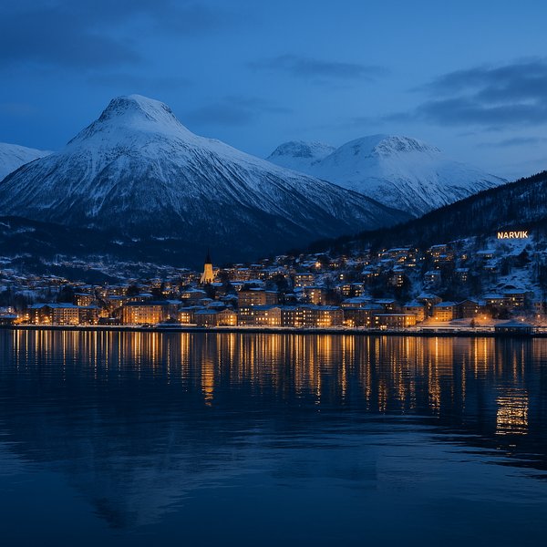 Narvik Blue Hour — Snowy Mountains & City Lights