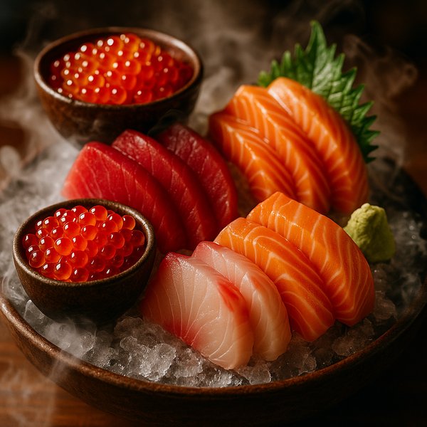 Opulent Sashimi Platter with Ikura and Chilled Ice Fog