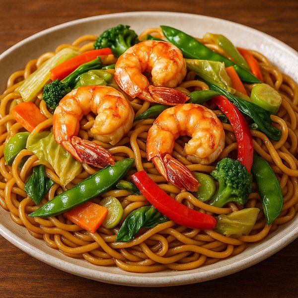 Pancit Canton with Glazed Shrimp & Colorful Vegetables