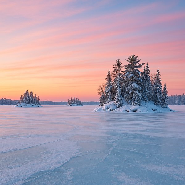 Pastel Sunset Over Frozen Islands — Voyageurs National Park