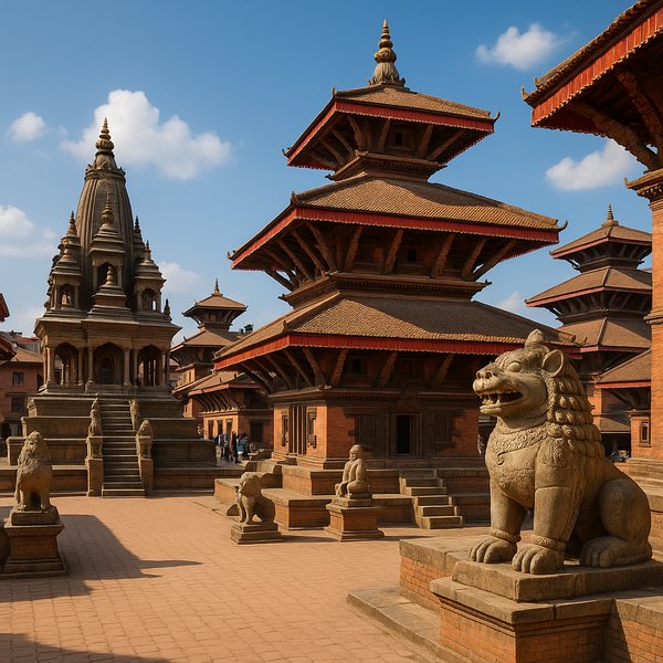 Patan Durbar Square at Midday — Tiered Temples and Stone Guardians