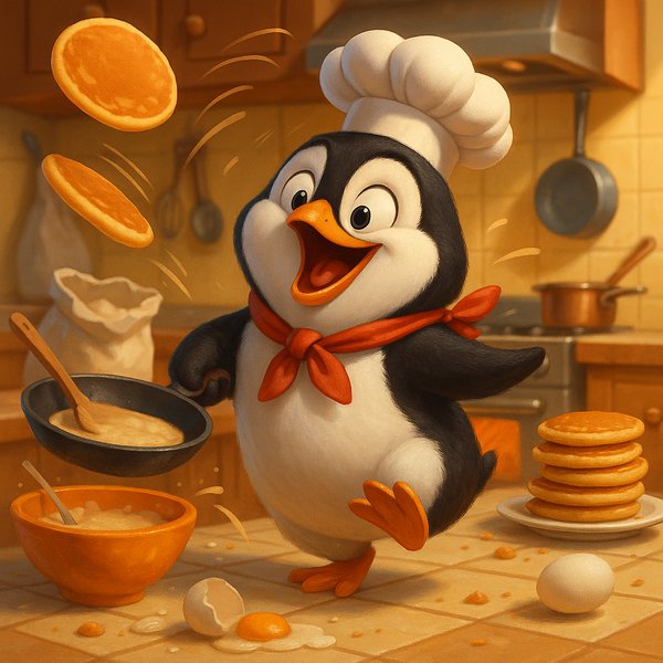 Penguin Chef Flipping Pancakes