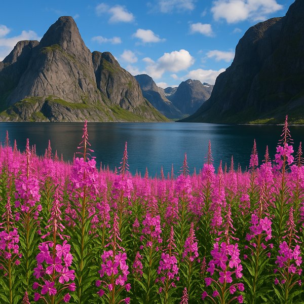 Pink Fireweed Along a Northern Fjord