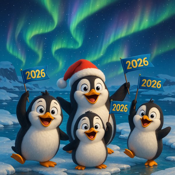 Pixar-Style Penguins Ringing in 2026 Under the Aurora