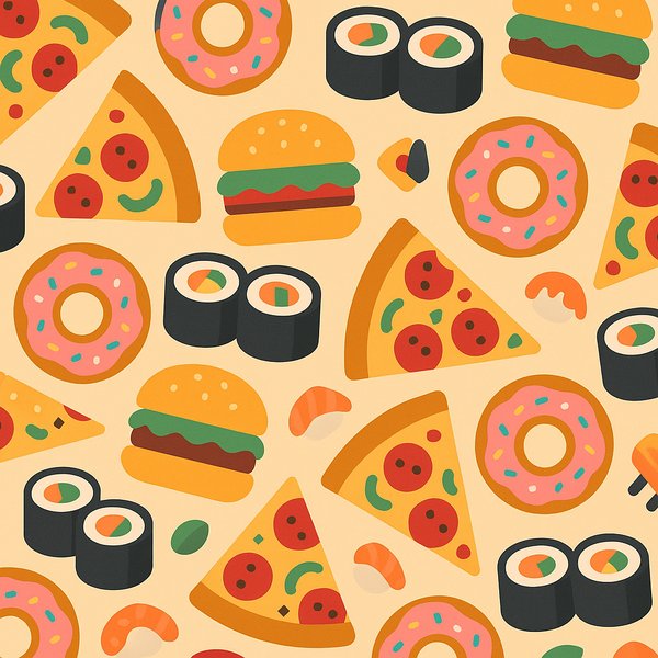 Playful Food Pattern — Pizza, Burgers, Donuts & Sushi (Seamless)