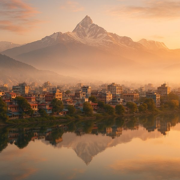 Pokhara at Dawn — Machapuchare Mirrored in Still Water