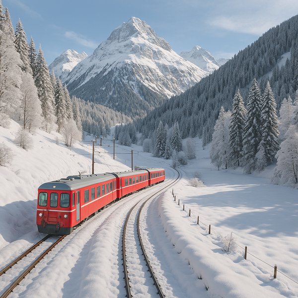 Red Mountain Train Through a Snowy Swiss Valley