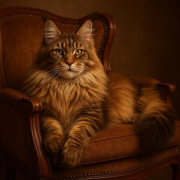 Regal Maine Coon on a Vintage Armchair