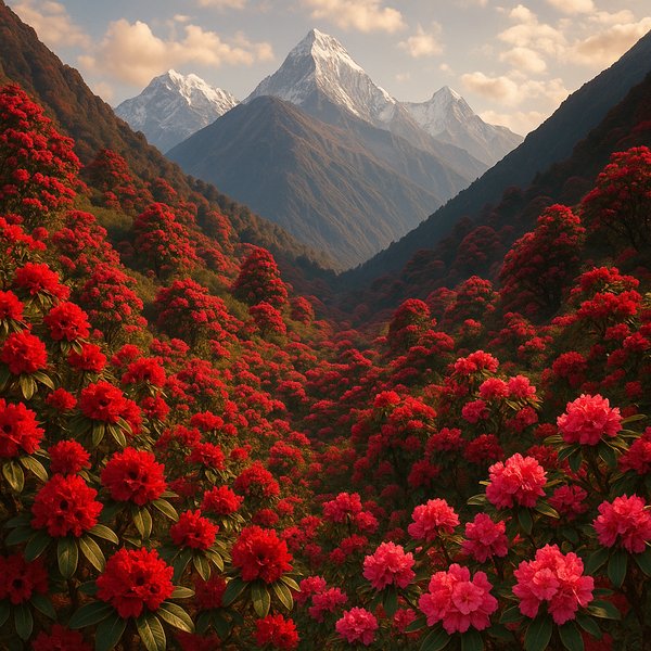 Rhododendron Valley Beneath the Himalayan Peaks