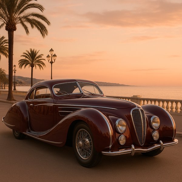 Riviera Elegance: Delahaye-Inspired Coupe at Sunset