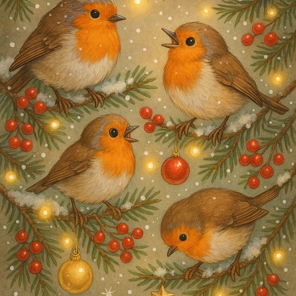 Robin Family on Festive Pine