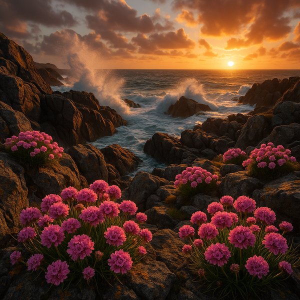 Sea Thrift at Sunset on Windswept Rocks