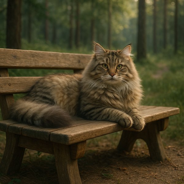 Siberian Cat Lounging on a Forest Bench
