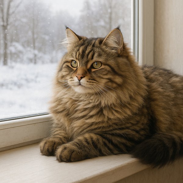 Siberian Cat on a Snowy Windowsill