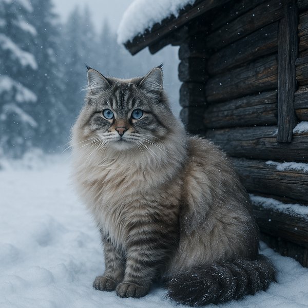 Siberian Serenity: Blue‑Eyed Cat by a Snowy Cabin