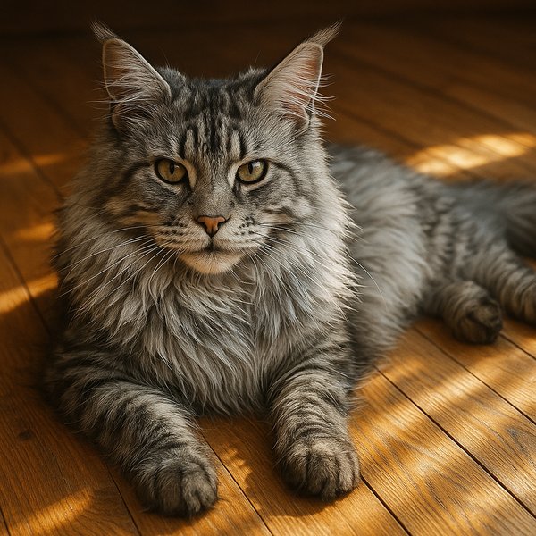 Silver Maine Coon in Sunlit Floorboards