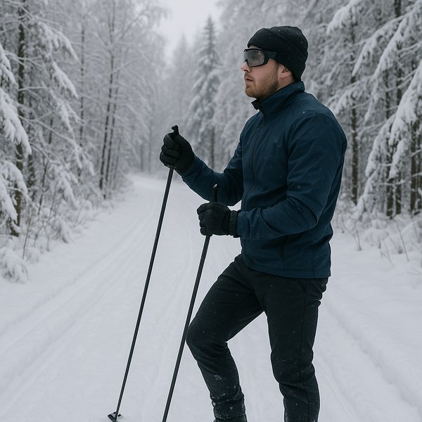 Skier Pausing on Snowy Forest Trail
