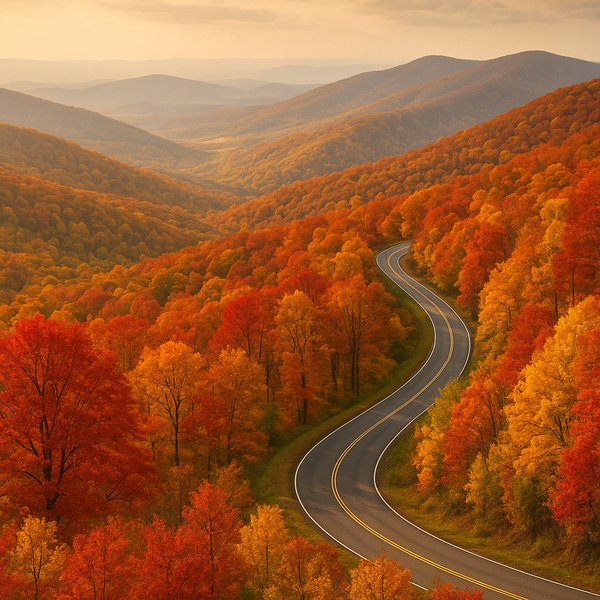 Skyline Drive in Autumn: Winding Road Through Fiery Foliage